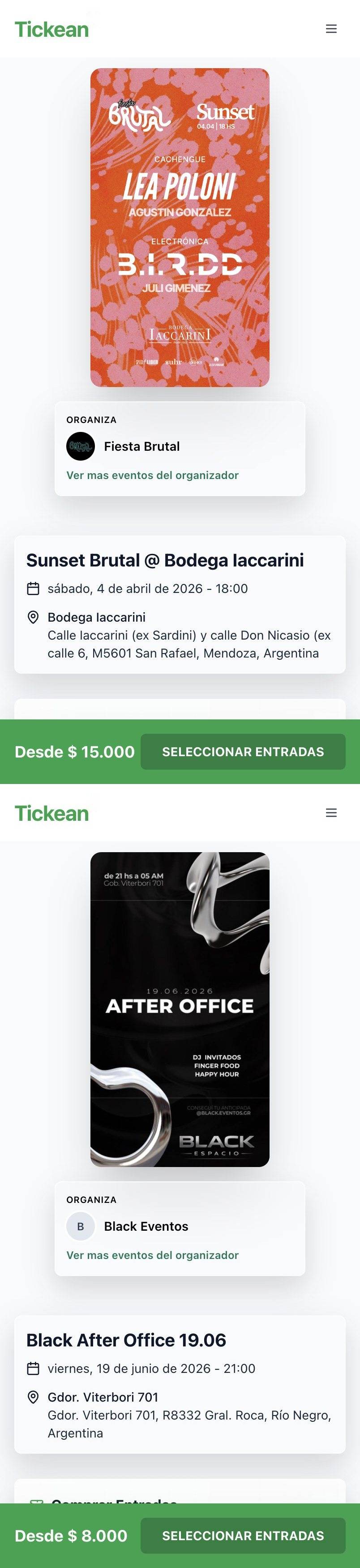 Tickean event feed on a phone